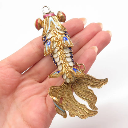 925 Sterling Silver Gold Plated Antique Enamel Chinese Koi Fish Pendant / Fob