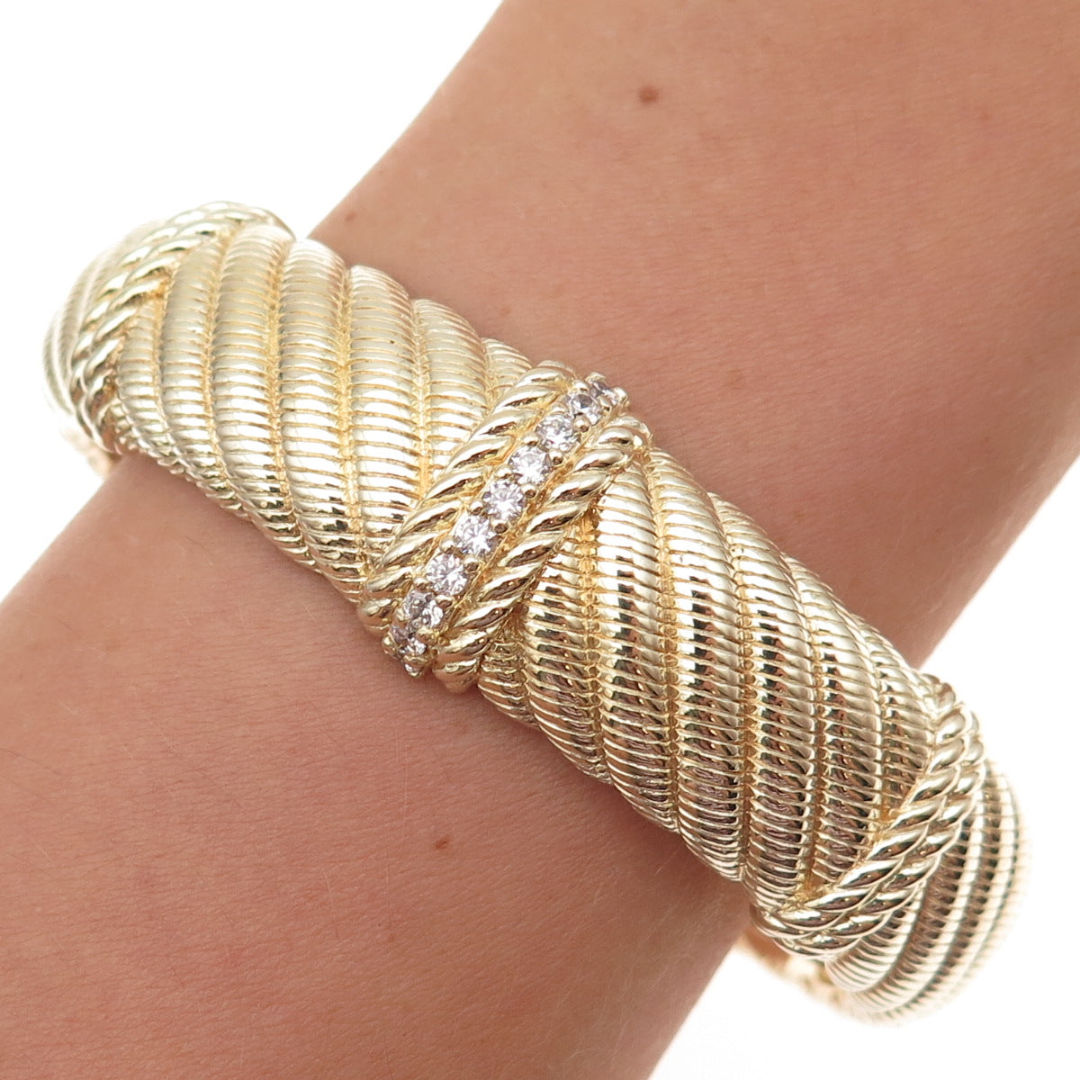 Judith Ripka 925 Sterling Silver Gold Plated C Z Heavy 73.0g Cuff Bracelet 7.25"
