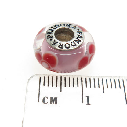 PANDORA 925 Sterling Silver Murano Glass Red Flower Bead Charm