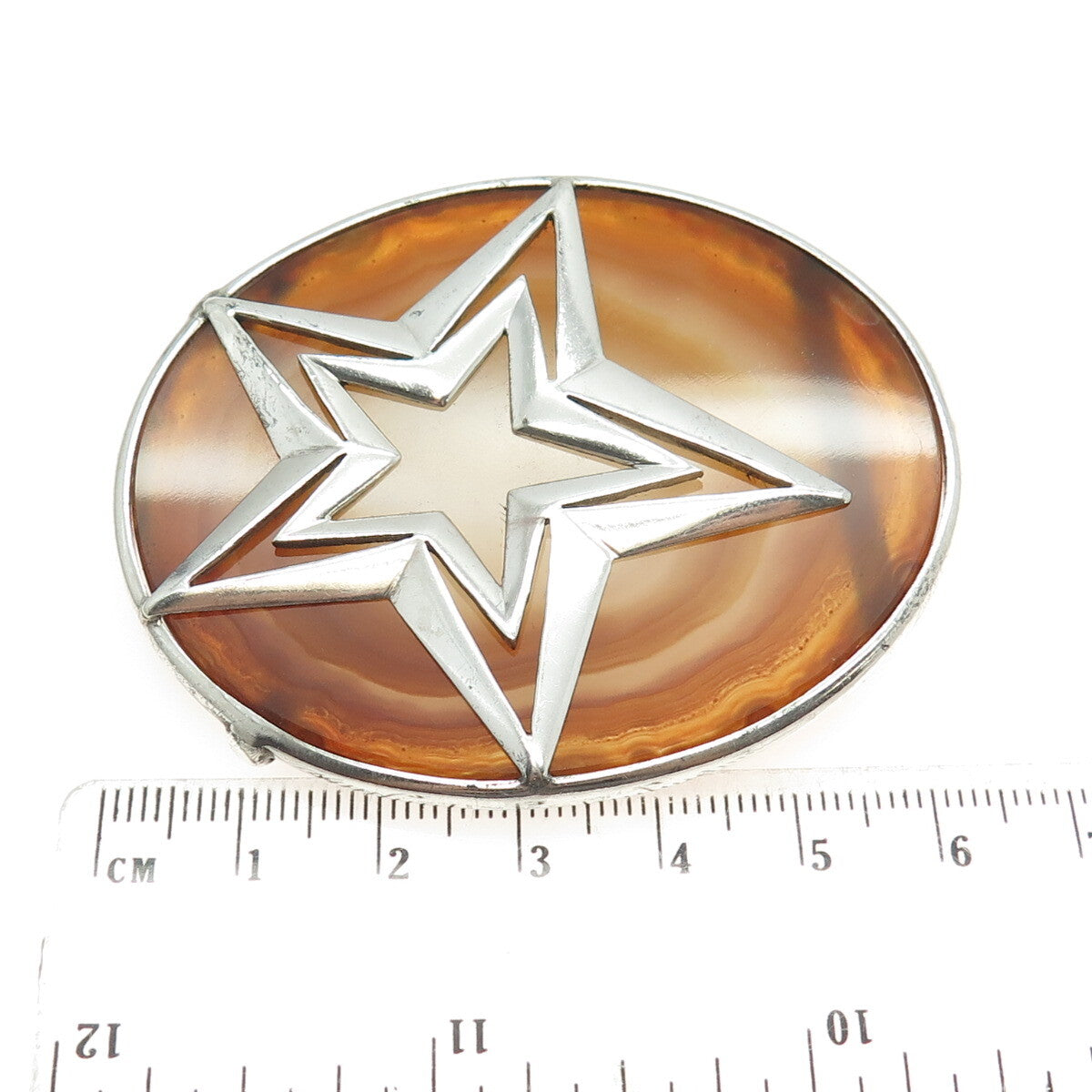 925 Sterling Silver Vintage Real Agate Star Solid 41.9g Pin Brooch