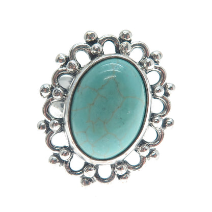 925 Sterling Silver Vintage Mountain Turquoise Flower Oxidized Ring Size 8.75