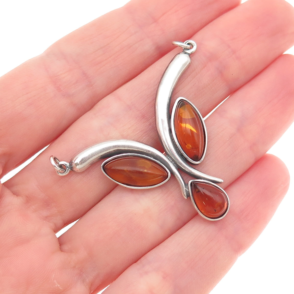 925 Sterling Silver Vintage Real Amber Modernist Centerpiece Pendant