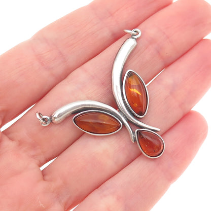 925 Sterling Silver Vintage Real Amber Modernist Centerpiece Pendant