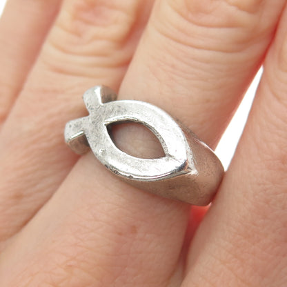 925 Sterling Silver Vintage Ichthys Religious Oxidized Ring Size 7.5