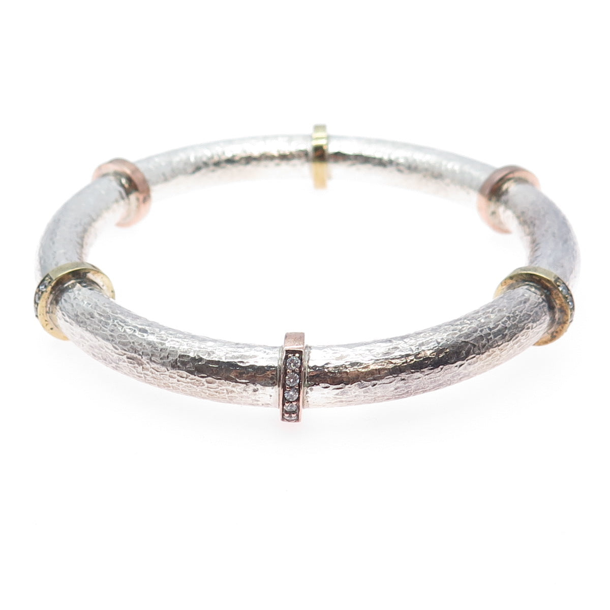 SILPADA 925 Sterling 2-Tone Vintage Round-Cut C Z Hammered Bangle Bracelet 8"
