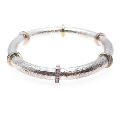 SILPADA 925 Sterling 2-Tone Vintage Round-Cut C Z Hammered Bangle Bracelet 8"