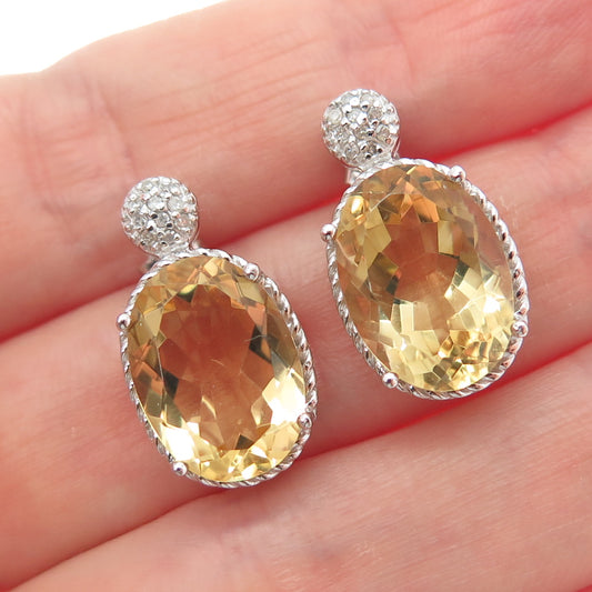 925 Sterling Silver Real Diamond & Oval-Cut Citrine Earrings