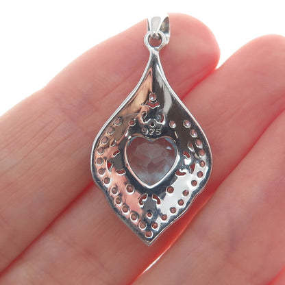 925 Sterling Silver Real Heart-Cut Blue Topaz Gem & C Z Cluster Pendant