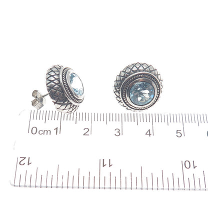 925 Sterling Silver Vintage Blue Topaz Gem Modernist Woven Pattern Dome Earrings