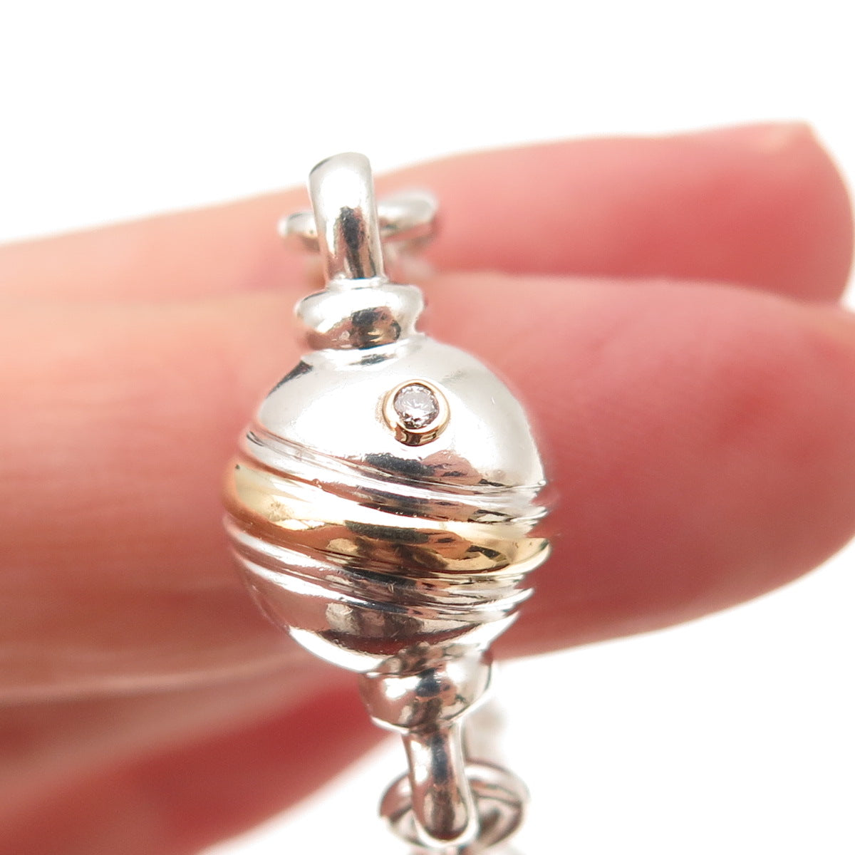 925 Sterling Silver 14K Gold Real Diamond Ball Rolo Chain Necklace 16"