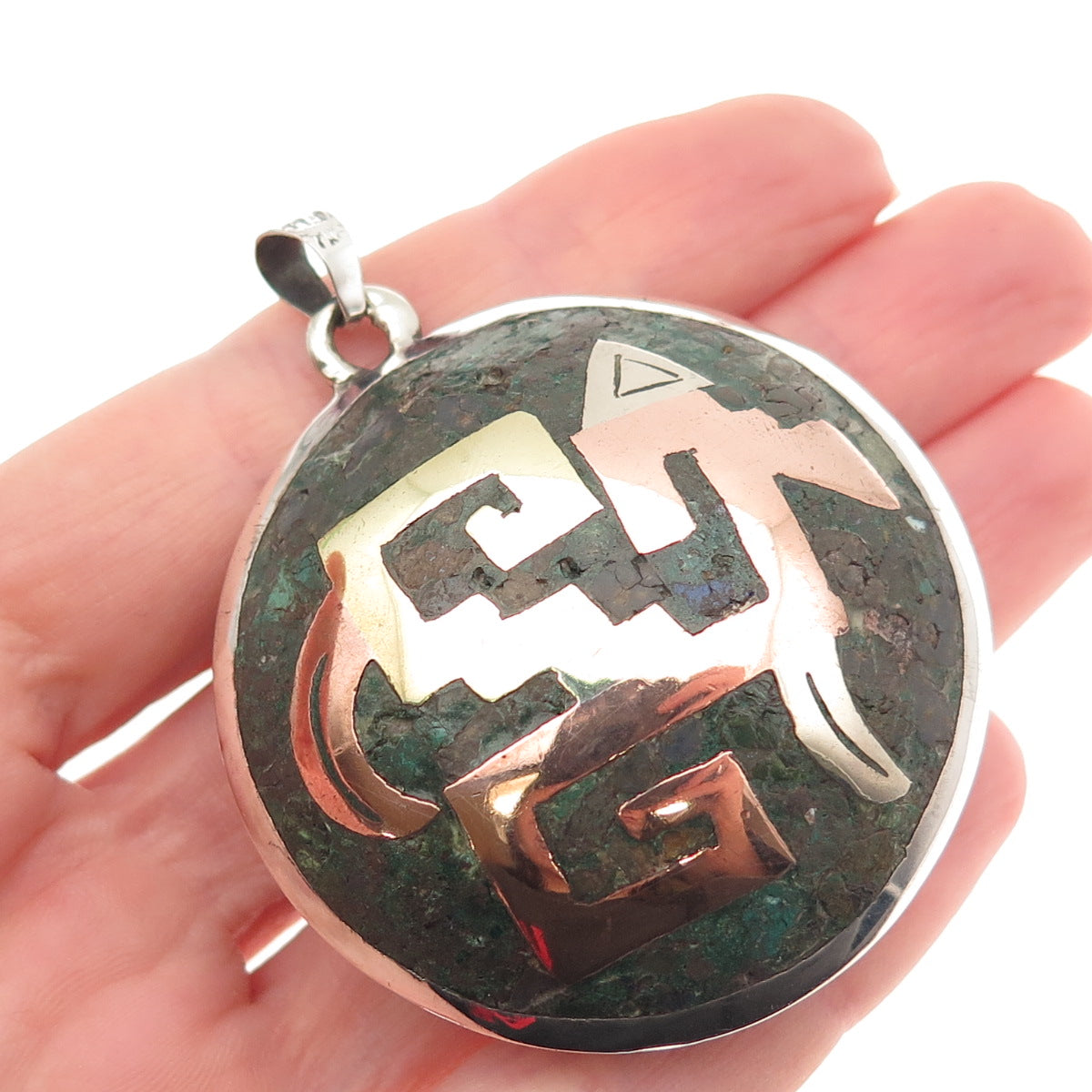 925 Sterling Silver 3-Tone Vintage Mexico Real Chrysocolla Aztec Warrior Pendant