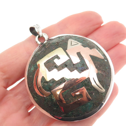 925 Sterling Silver 3-Tone Vintage Mexico Real Chrysocolla Aztec Warrior Pendant