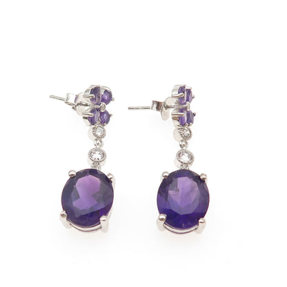 925 Sterling Silver Vintage Real Amethyst & C Z Dangle Earrings