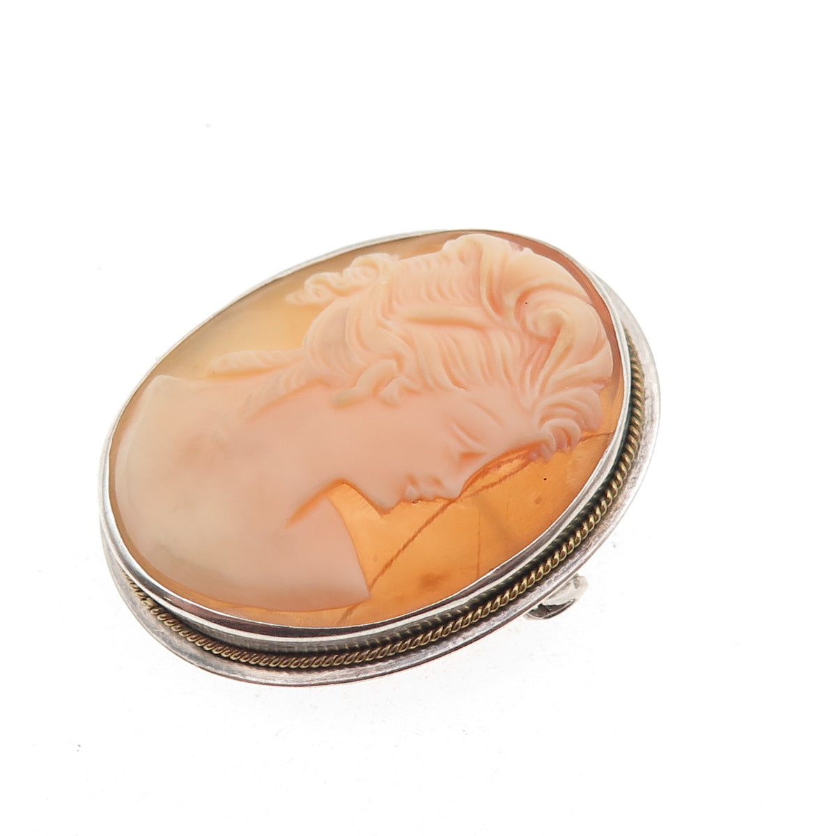 975 Silver 2-Tone Vintage Real MOP Carved Lady Cameo Pin Brooch / Pendant