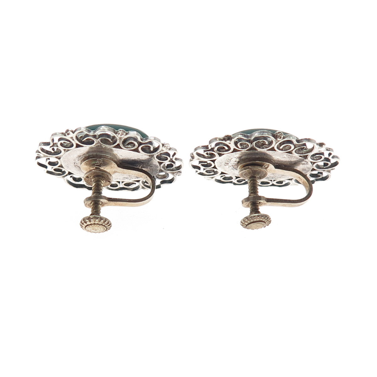 925 Sterling Silver Vintage Mexico Real Green Onyx Filigree Screw Back Earrings