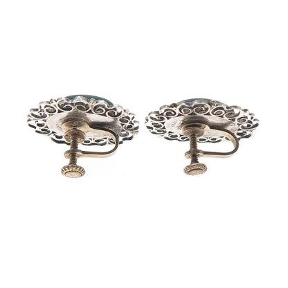 925 Sterling Silver Vintage Mexico Real Green Onyx Filigree Screw Back Earrings