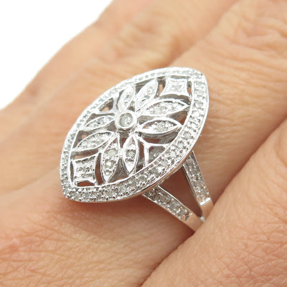 925 Sterling Silver Real Round-Cut Diamond Floral Ring Size 9.25