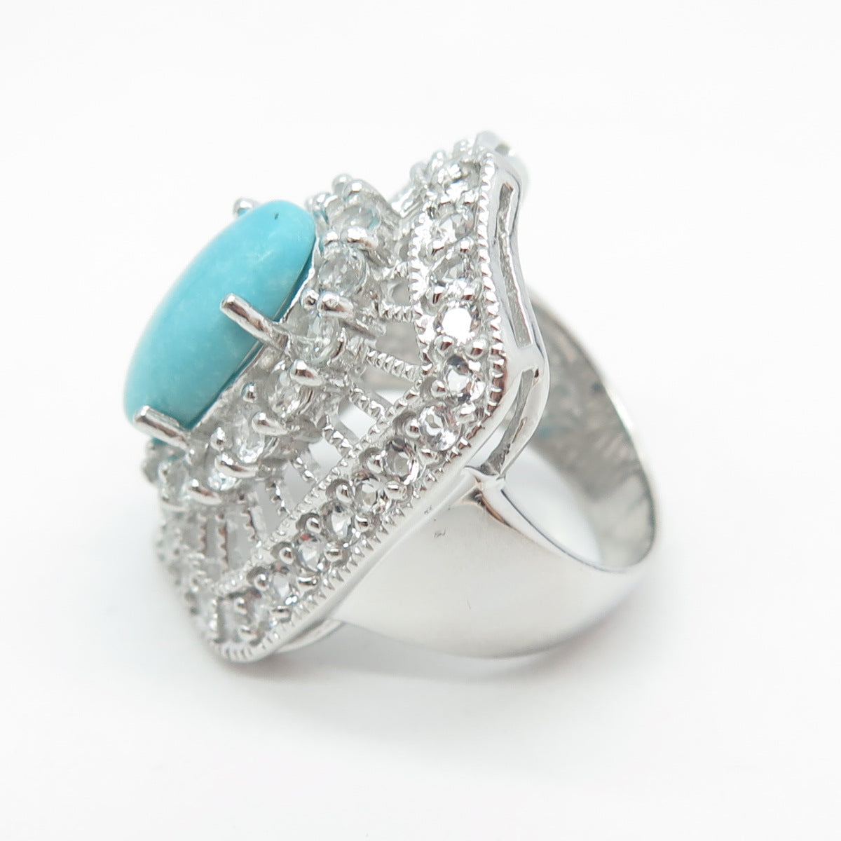 925 Sterling Silver Real Turquoise & White Topaz Bohemian Ring Size 6