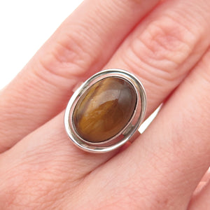 925 Sterling Silver Vintage Israel Real Tiger Eye Modernist Oxidized Ring Size 6