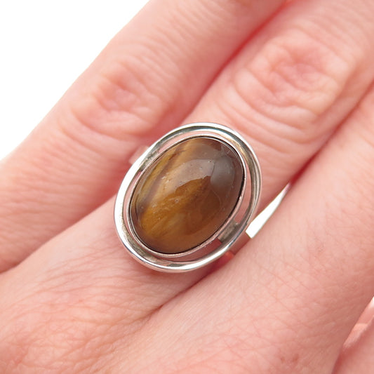 925 Sterling Silver Vintage Israel Real Tiger Eye Modernist Oxidized Ring Size 6