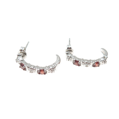 ROSS SIMONS 925 Sterling Silver Real Diamond & Red Garnet Half Hoop Earrings