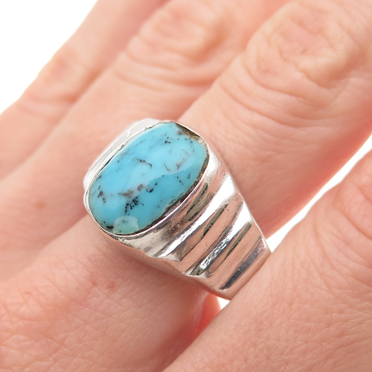 925 Sterling Silver Vintage Mexico Real Turquoise Oxidized Ring Size 12.25