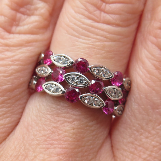 DSMK 925 Sterling Silver Lab-Created Pink Sapphire & C Z Cluster Ring Size 7.25