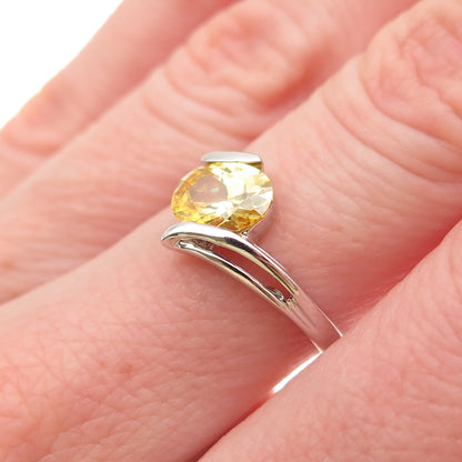 925 Sterling Silver Oval-Cut Canary C Z Bypass Ring Size 6