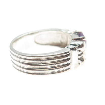 925 Sterling Silver Vintage Real Emerald-Cut Amethyst Gem Column Ring Size 7.75