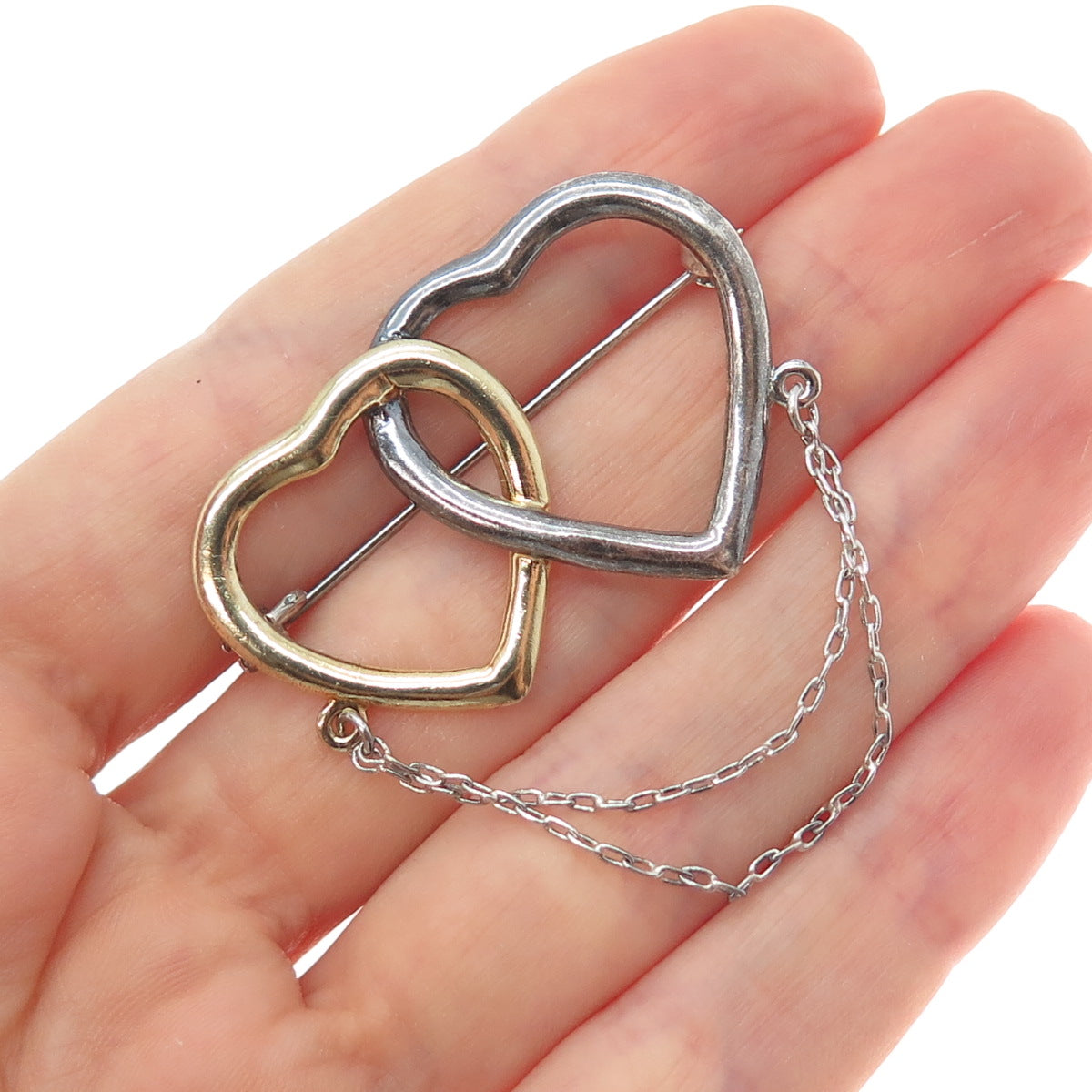 CHAPAL ZENRAY 925 Sterling Silver 2-Tone Vintage Interlocked Heart Pin Brooch