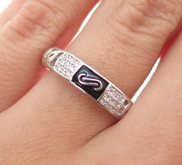 925 Sterling Silver Vintage Enamel Round-Cut C Z Chain Link Band Ring Size 7.25