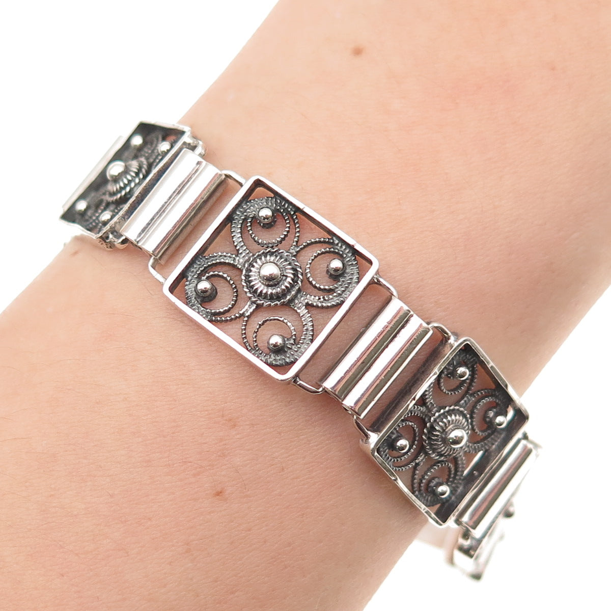 Finn Jensen 925S Sterling / 830S Silver Vintage Norway Floral Bracelet 7.25"