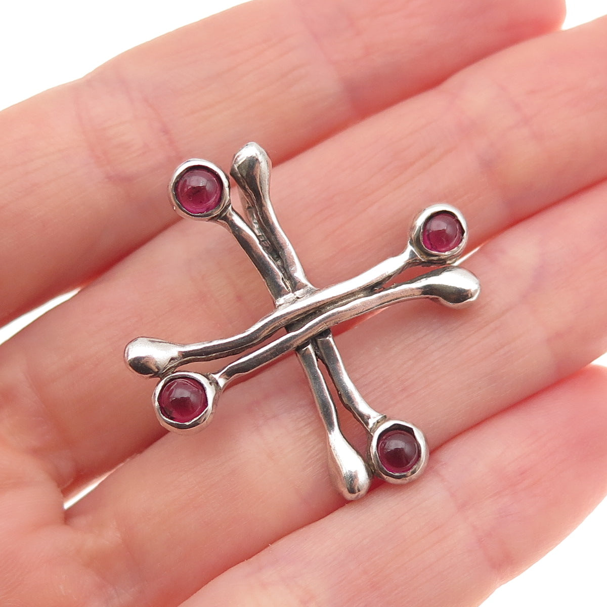 925 Sterling Silver Vintage Real Rhodolite Modernist Cross Slide Charm Pendant