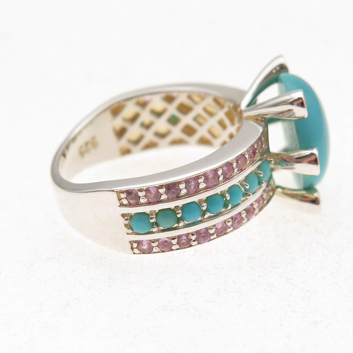 925 Sterling Silver Real Turquoise Pink Topaz & Sapphire Ring Size 8