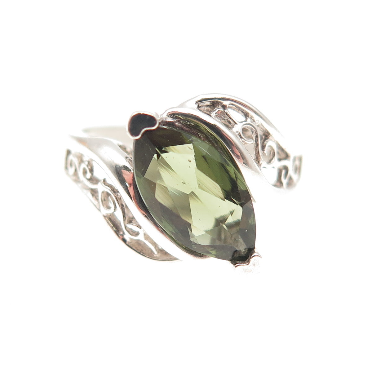 925 Sterling Silver Vintage Real Marquise-Cut Peridot Swirl Bypass Ring Size 7