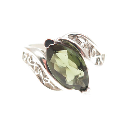 925 Sterling Silver Vintage Real Marquise-Cut Peridot Swirl Bypass Ring Size 7