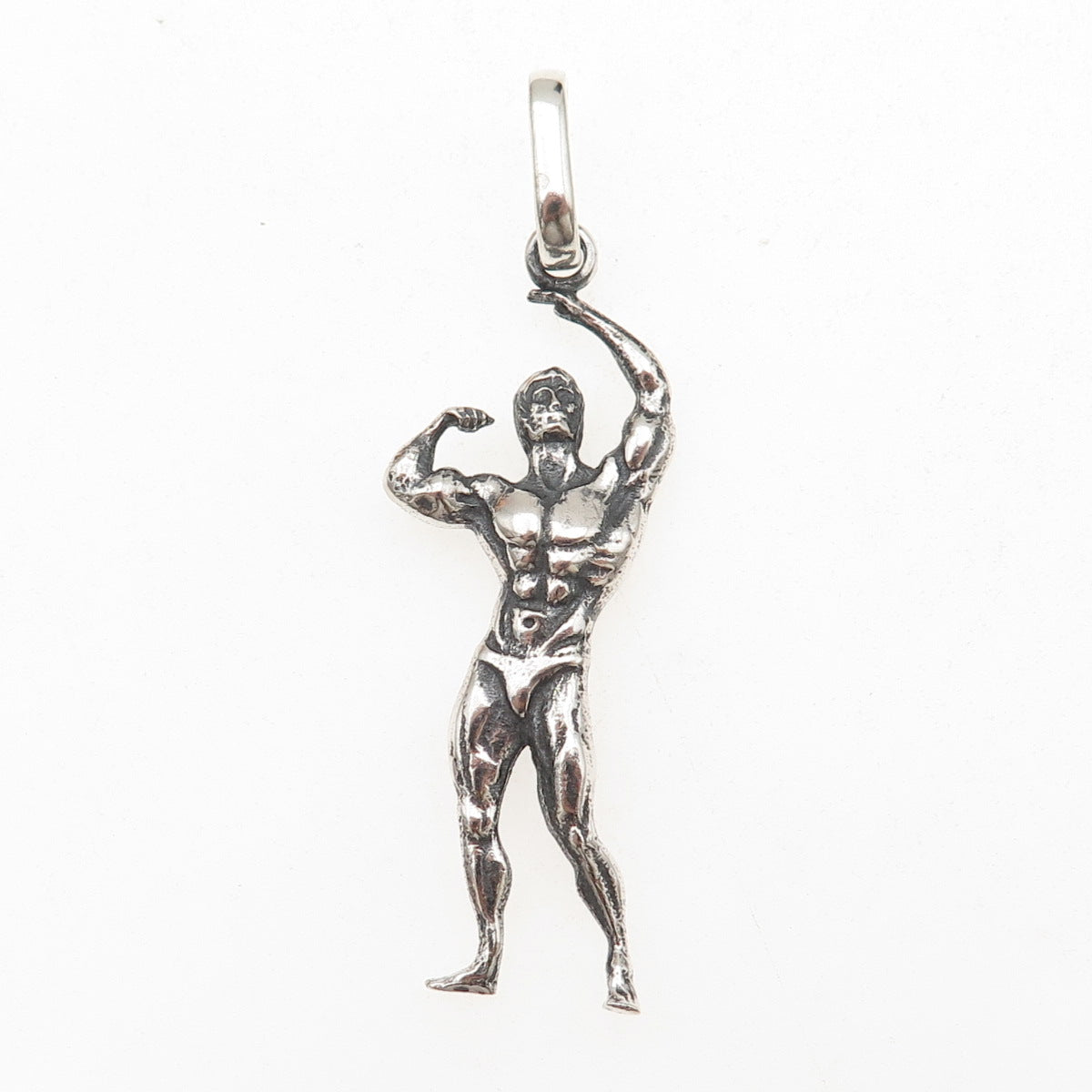 925 Sterling Silver Vintage European Bodybuilder Oxidized 3D Charm Pendant
