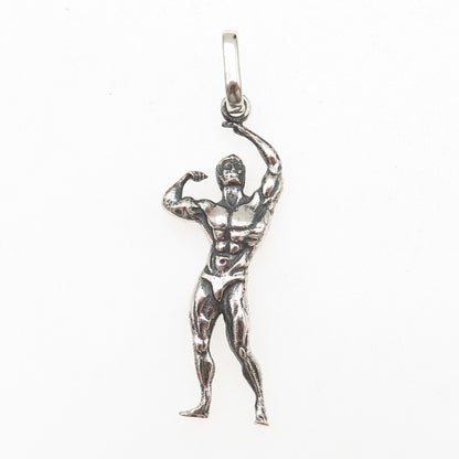 925 Sterling Silver Vintage European Bodybuilder Oxidized 3D Charm Pendant