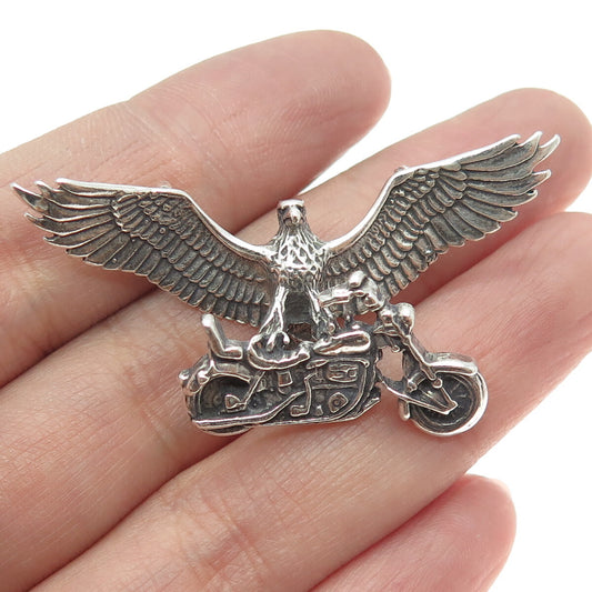 SUN WEST 925 Sterling Vintage Screaming Eagle & Motorcycle Necklace Central Part
