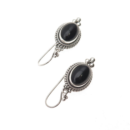 Suarti Bali 925 Sterling Silver Vintage Real Black Onyx Beaded Dangle Earrings