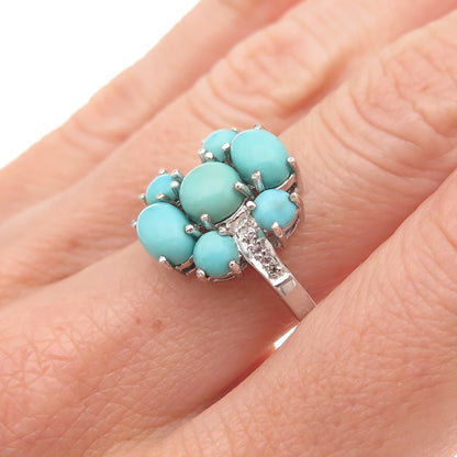 925 Sterling Silver Real Turquoise & White Topaz Floral Ring Size 8