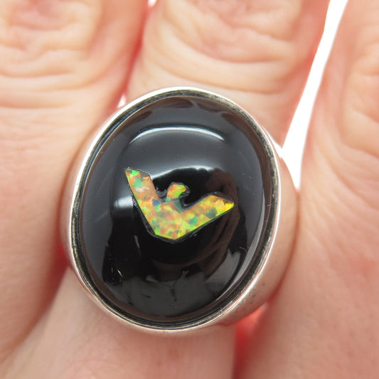 EMPORIO ARMANI Sterling Silver Vintage Real Opal & Black Onyx Logo Ring Size 6.5
