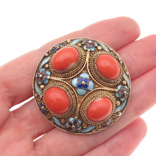 925 Sterling Silver Gold Plated Antique China Enamel Real Coral Floral Brooch