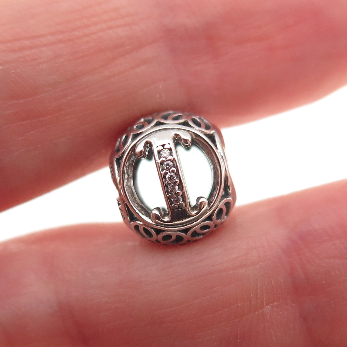 Pandora 925 Sterling Silver C Z Letter I Initial Slide Bead Charm