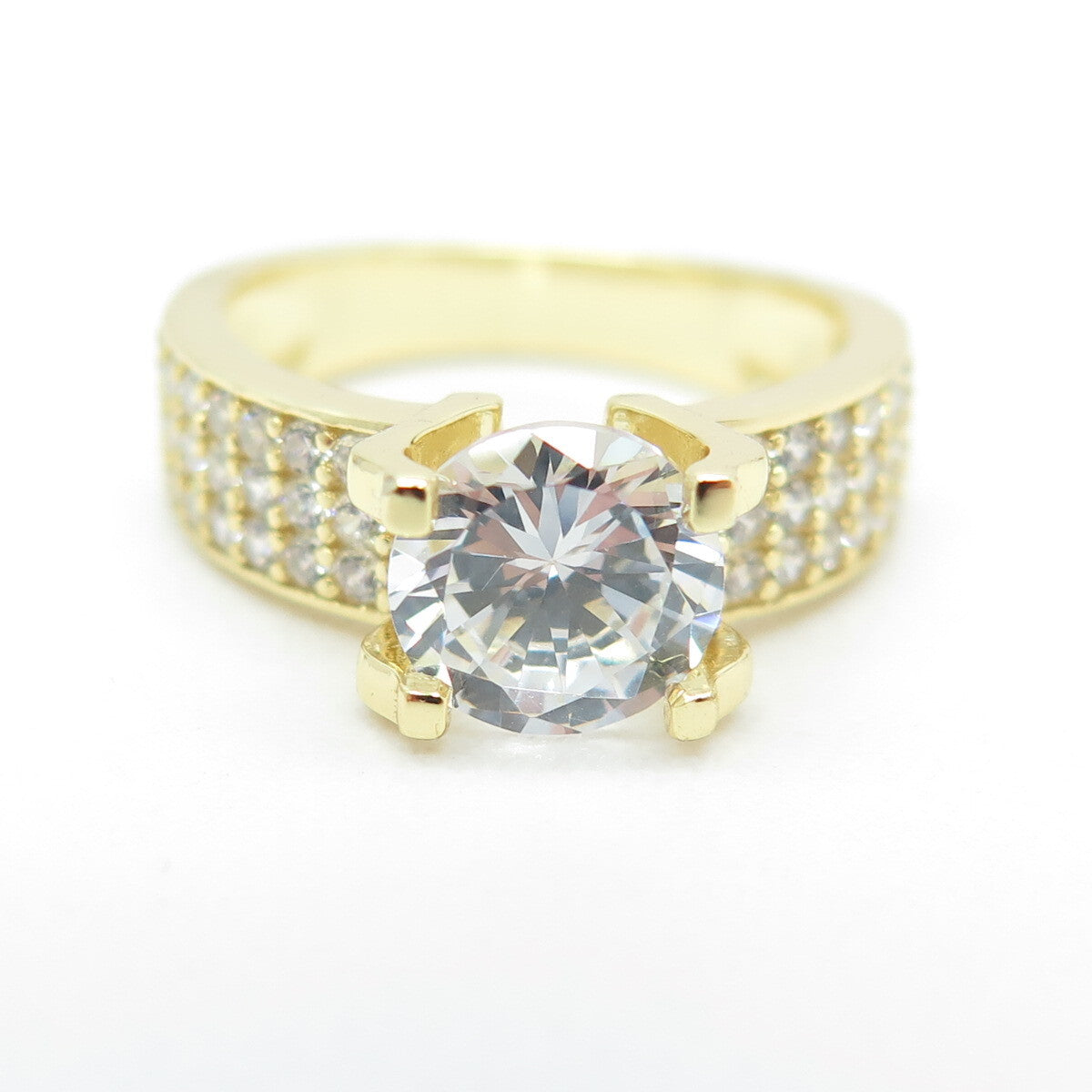 925 Sterling Silver Gold Plated Round-Cut C Z Engagement Ring Size 5.25
