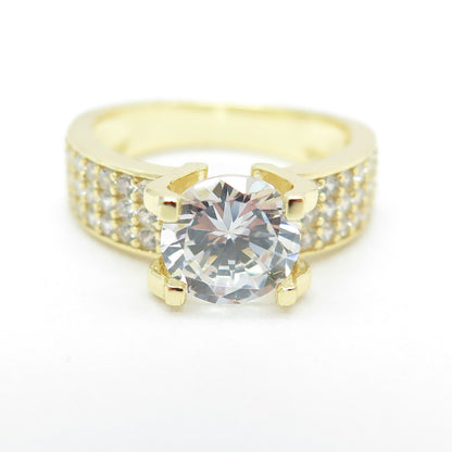 925 Sterling Silver Gold Plated Round-Cut C Z Engagement Ring Size 5.25