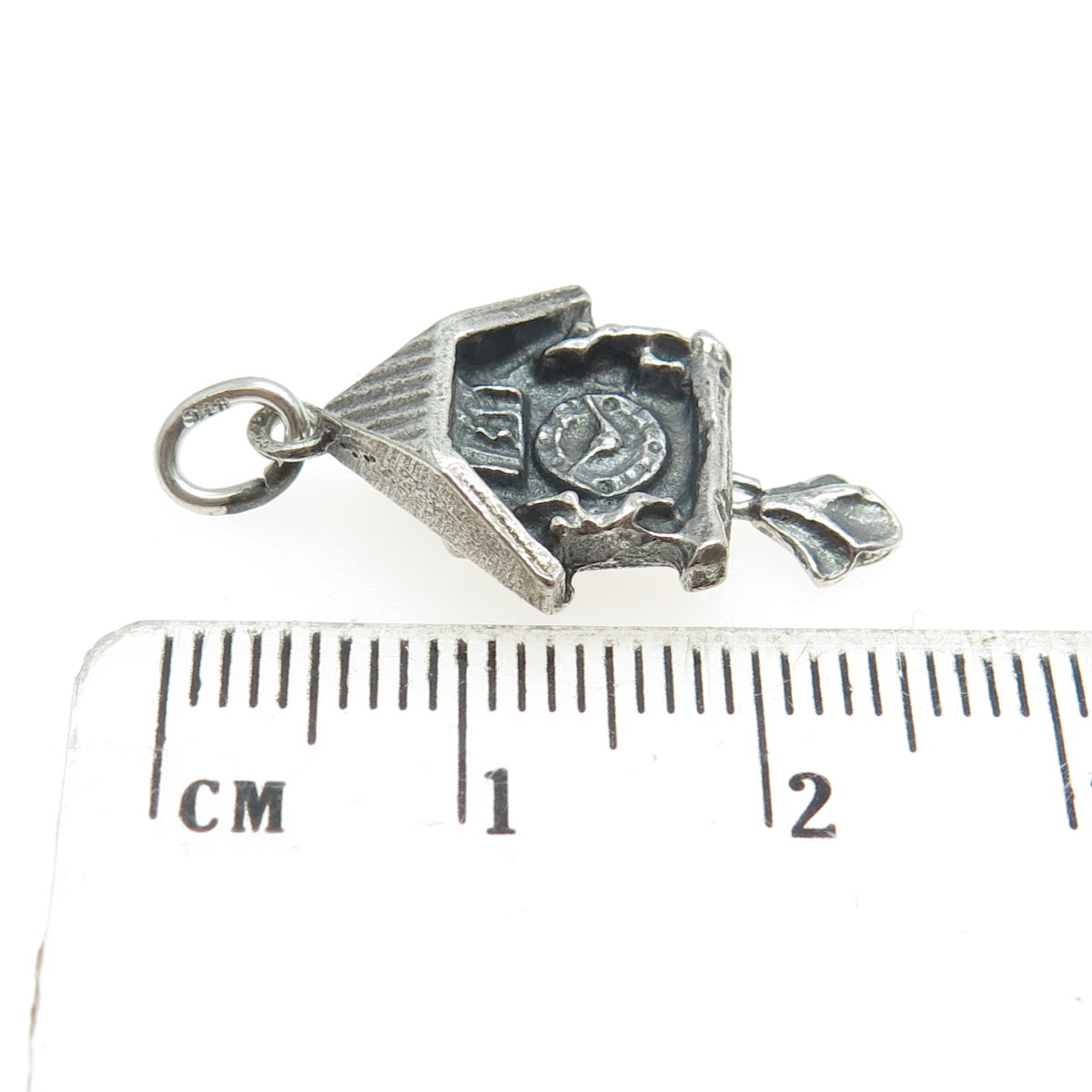 800 Silver Vintage Cuckoo Clock Minimalist 3D Charm Pendant