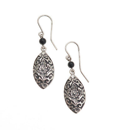 925 Sterling Silver Vintage Real Black Onyx Floral Oxidized Dangle Earrings