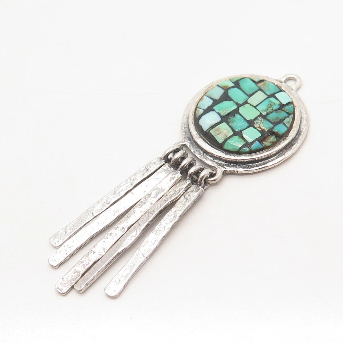 925 Sterling Silver Vintage Real Turquoise Gem Multi-Bar Ethnic Pendant