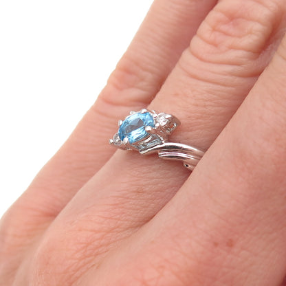 925 Sterling Silver Vintage Real Blue Topaz & C Z Bypass Ring Size 6.25